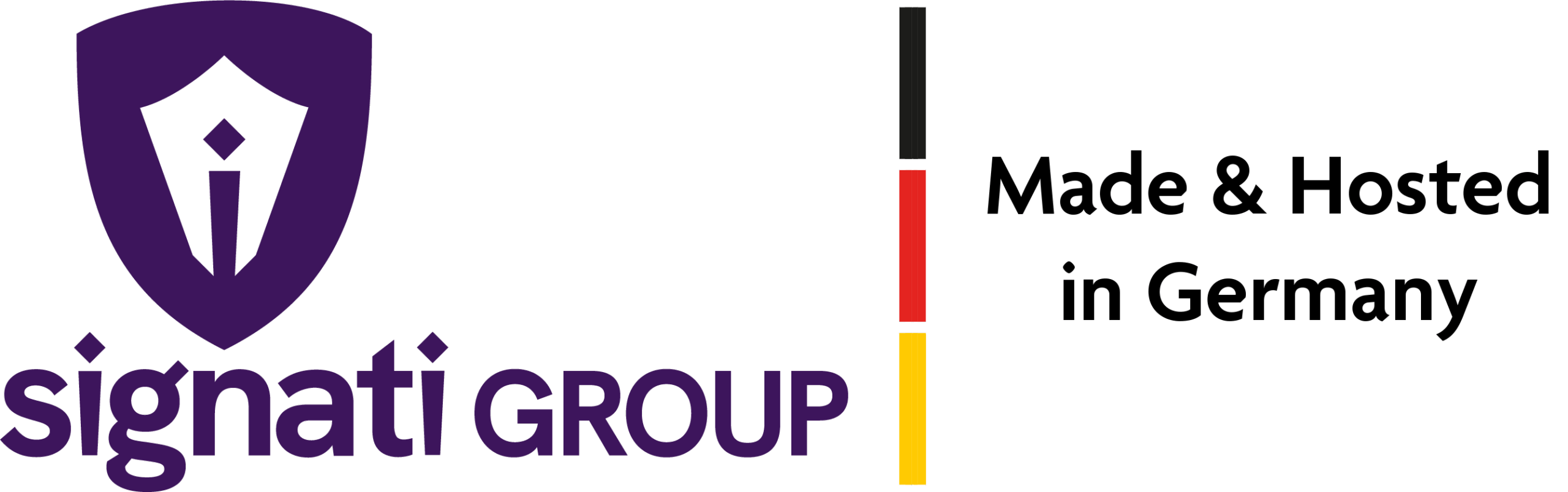Signati Group Logo mit Schildsymbol, Schriftzug und Hinweis Made & Hosted in Germany mit deutscher Flagge