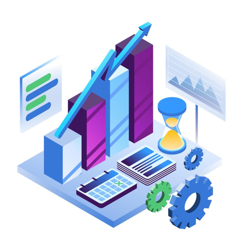 Illustration mit Diagrammen, Zahnrädern und Aufwärtspfeil – Symbol für Prozessautomatisierung und digitale Workflows mit Signati Flow
