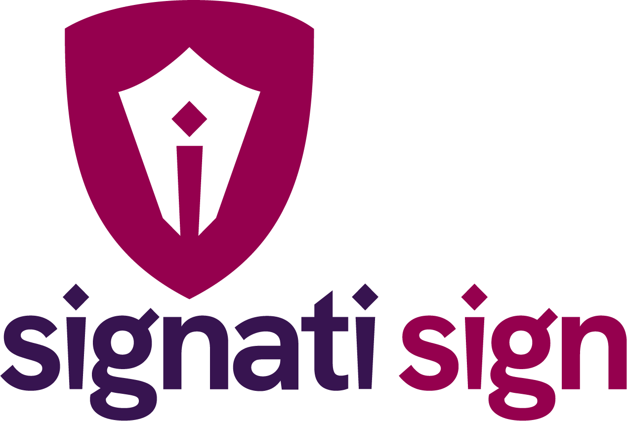 Signati Sign Logo mit Schildsymbol und Federhalter-Icon sowie Schriftzug Signati Sign