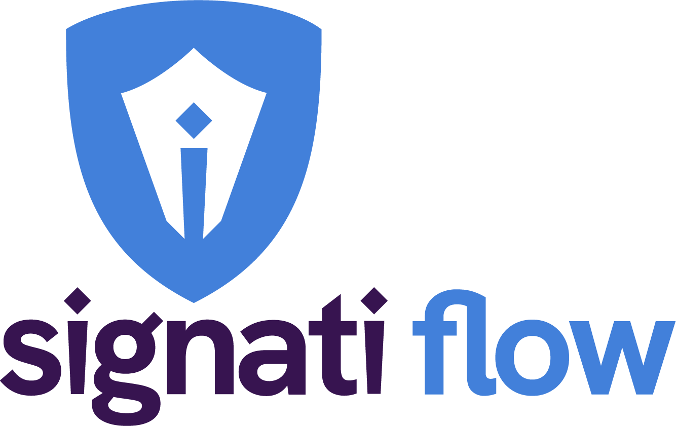 Signati Flow Logo mit Schildsymbol und Federhalter-Icon sowie Schriftzug Signati Flow