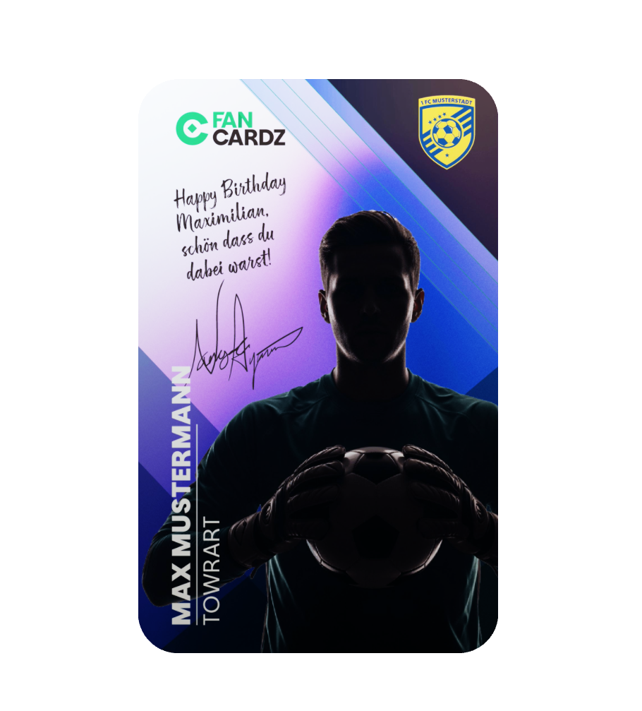 FanCardz digitale Spielerkarte mit Fußball-Silhouette, Vereinslogo und Geburtstagsgruß