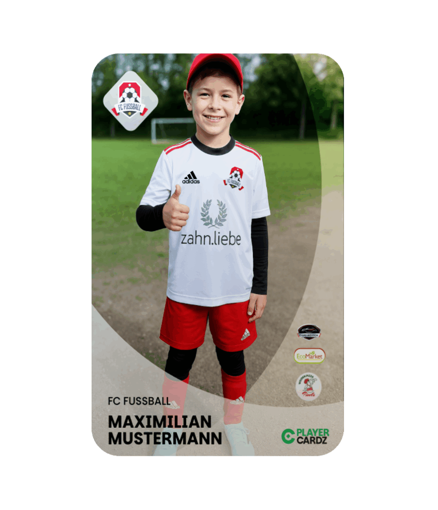 FanCardz Spielerkarte mit Kind im Fußballtrikot, FC Fußball, Daumen hoch