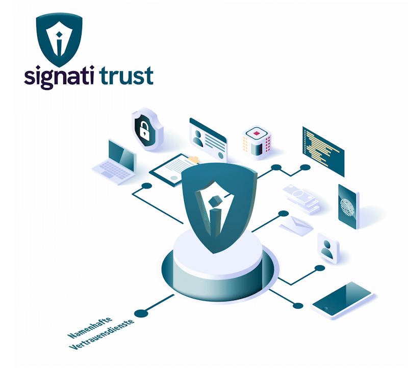 Illustration von Signati Trust mit Schild, Laptop, Fingerabdruck und Dokumenten als Symbol für Vertrauensdienste und Identitätsprüfung