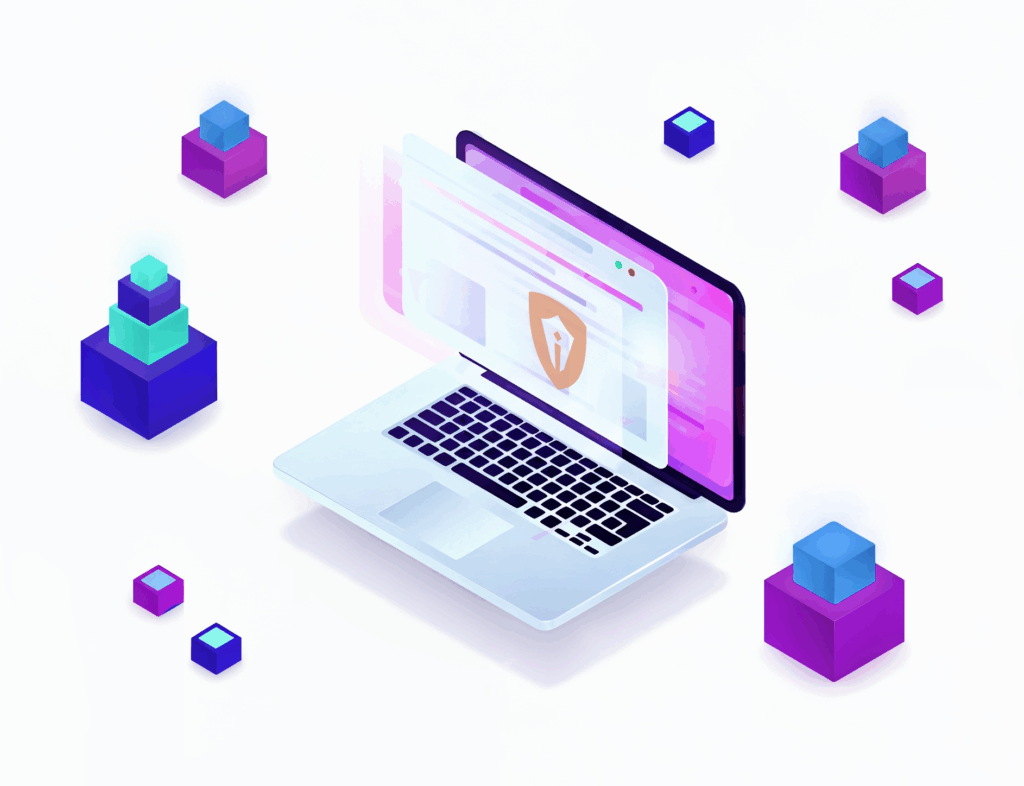 Laptop mit digitalem Sicherheitsschild-Symbol – Visualisierung von Signati Consulting für sichere Prozessberatung