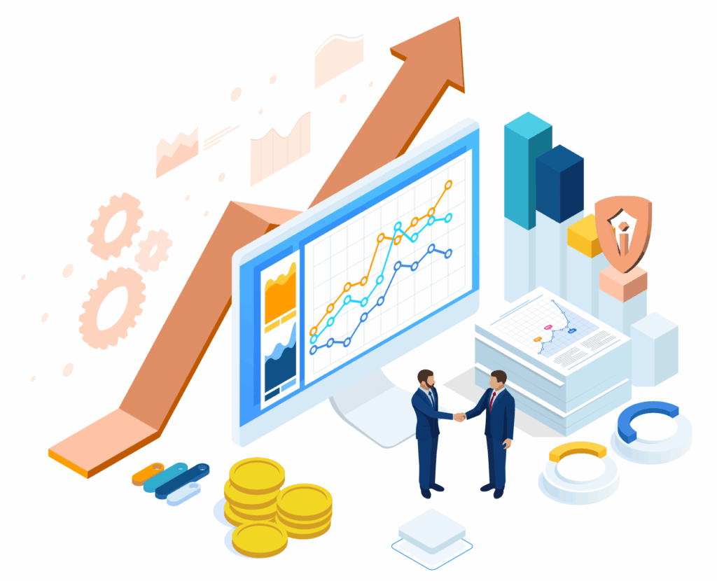 Geschäftsleute beim Handschlag vor Diagramm, Symbol für Sicherheit und digitale Prozessberatung mit Signati Consulting