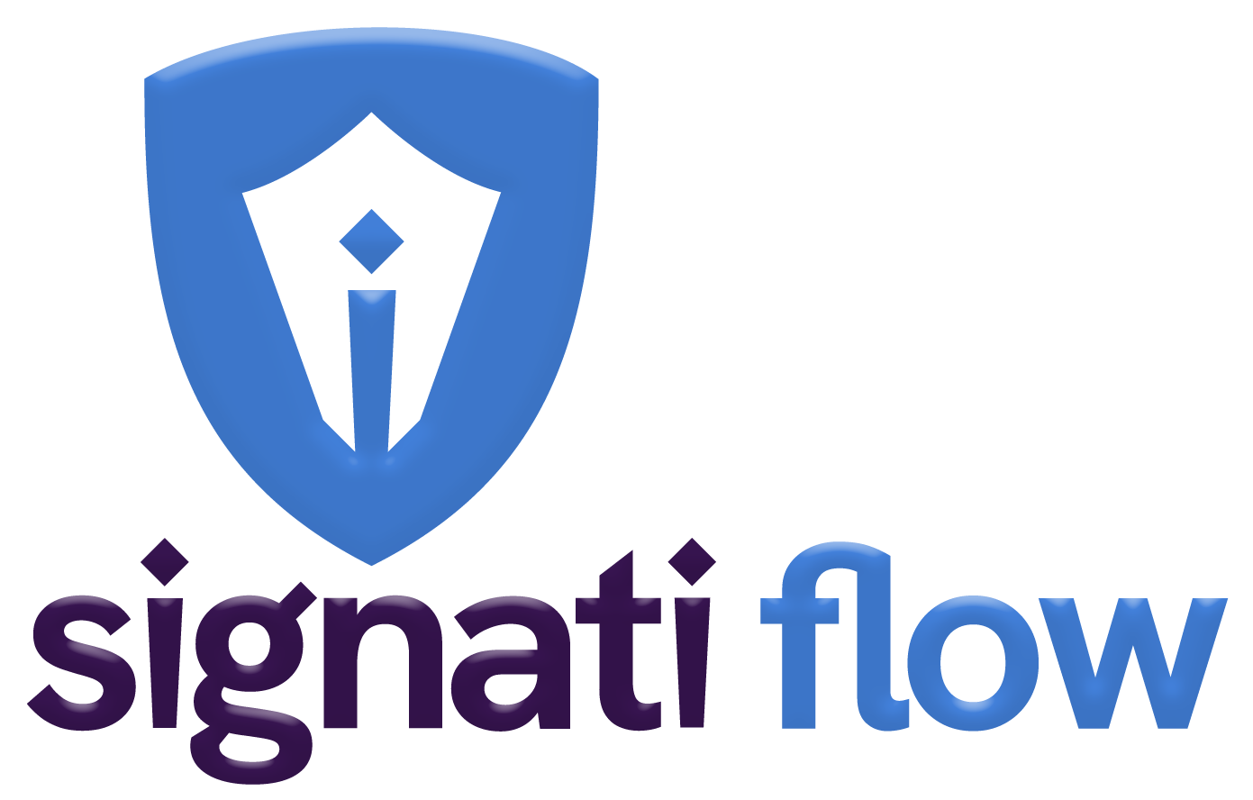 Signati Flow Logo mit Schildsymbol, angedeutetem Federhalter und Schriftzug in Blau und Violett