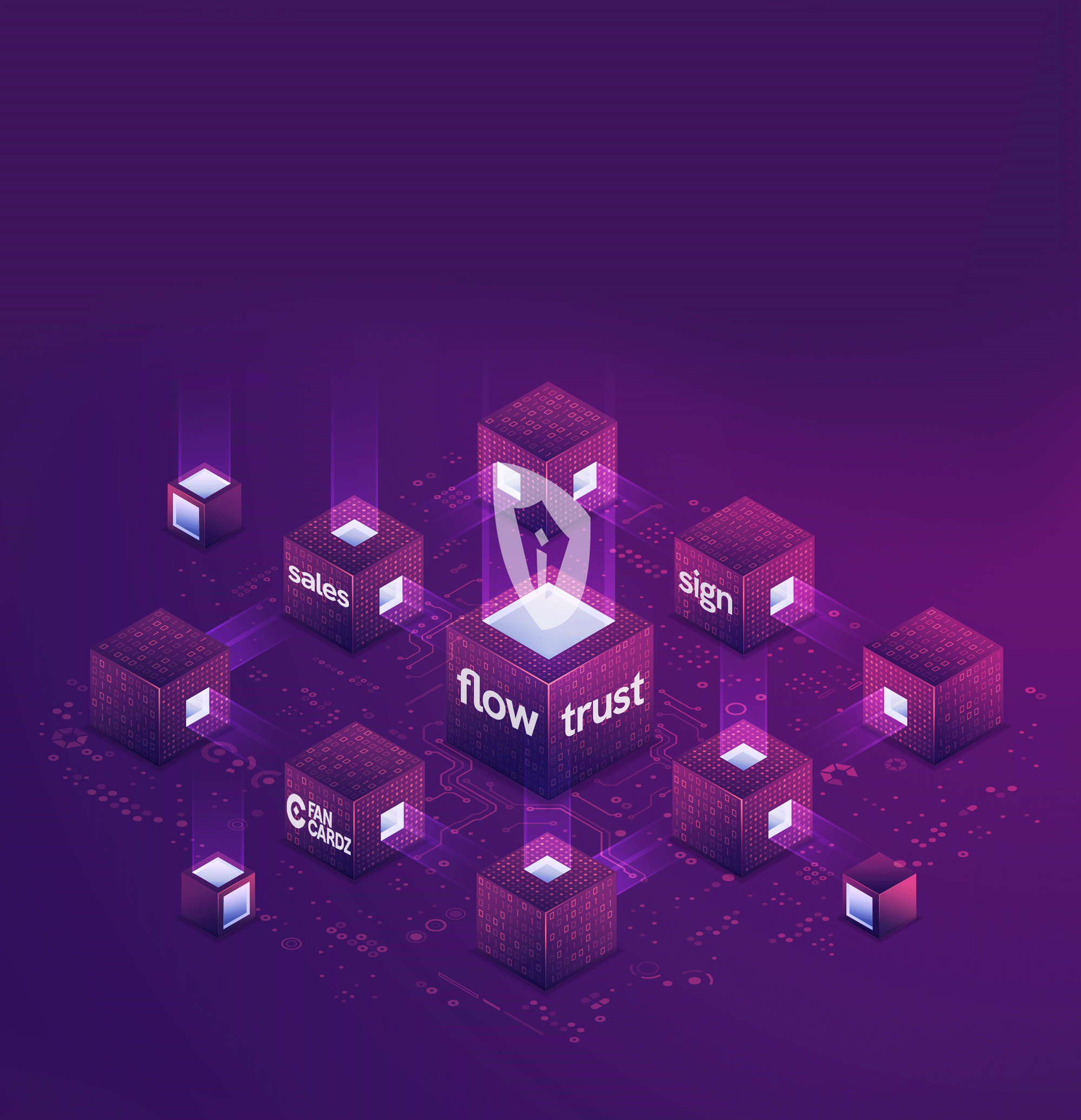 Illustration der Signati Group mit digitalen Würfeln für Flow, Trust, Sign, Sales und FanCardz