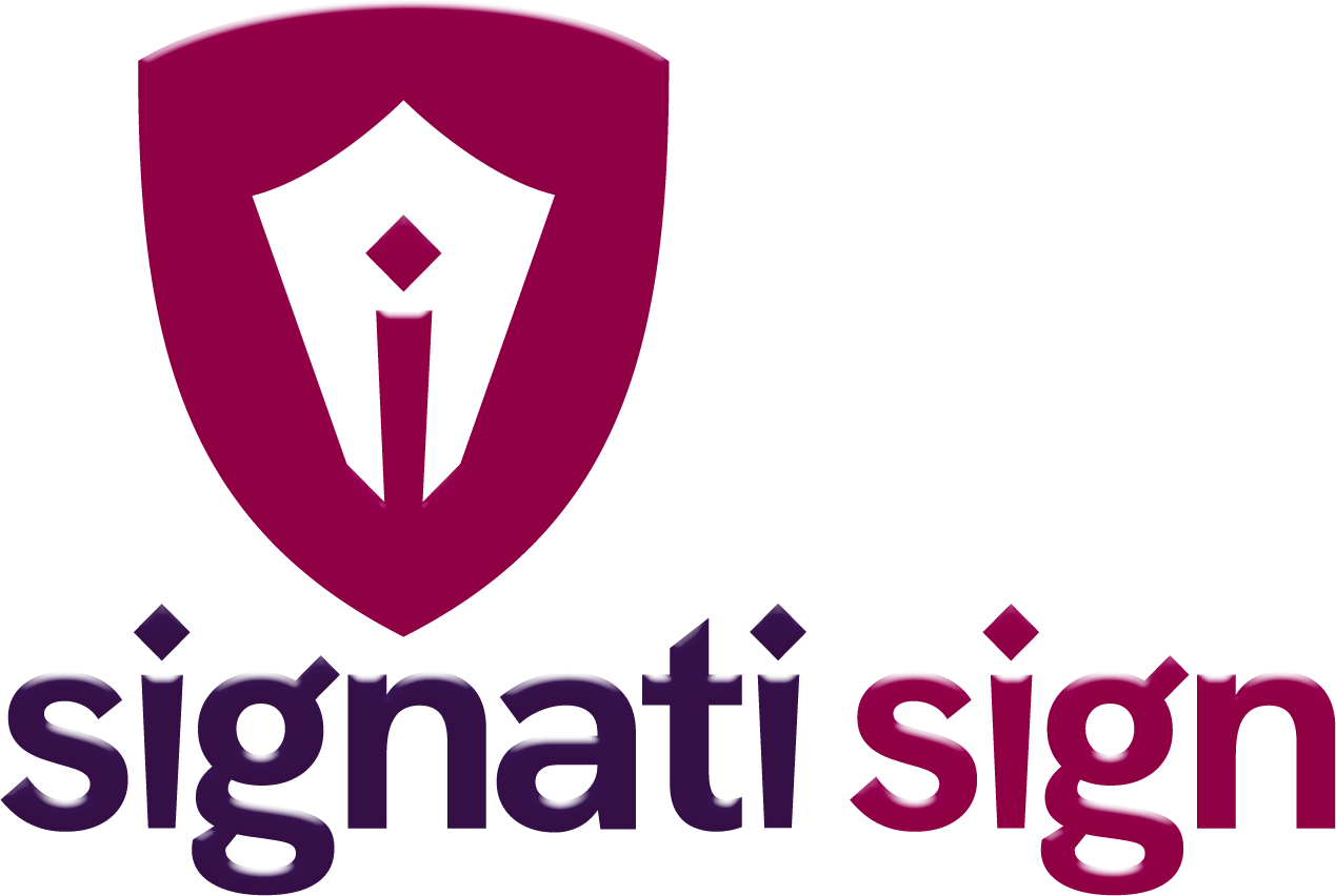 signati sign Logo mit einem stilisierten Schild als Icon und den Wörtern signati und sign