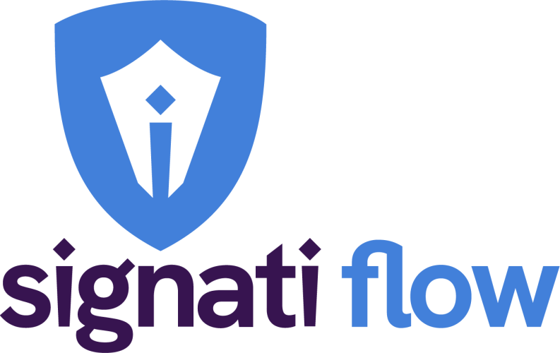 Signati Flow Logo mit Schildsymbol und Federhalter-Icon sowie Schriftzug Signati Flow