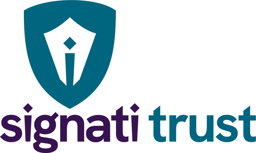 Signati Trust Logo mit Schild und Federhalter-Symbol