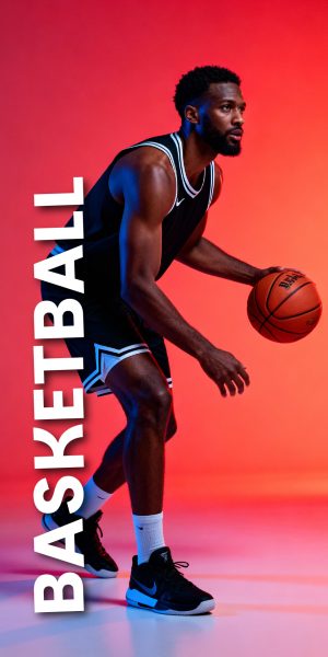 Männlicher Basketballspieler im schwarzen Trikot, der im Studio den Ball dribbelt, vor rot-blauem Licht. Beispielmotiv für Fancardz digitale Basketball-Fankarten.