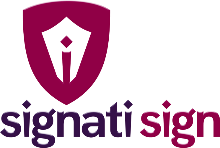 signati sign Logo mit einem stilisierten Schild als Icon und den Wörtern signati und sign